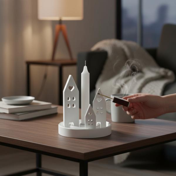 Runder Raysin‑Kerzenhalter mit drei weißen Lichthäusern in verschiedenen Größen.